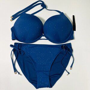 Victoria Secret 38DD L Bombshell Push Up Bikini Top Set Shine Sapphire Blue